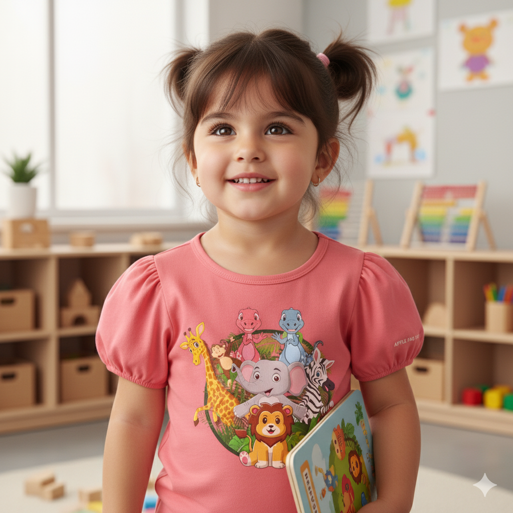 Apple and Pear Puff Sleeve Girls T-Shirt - Coral Red