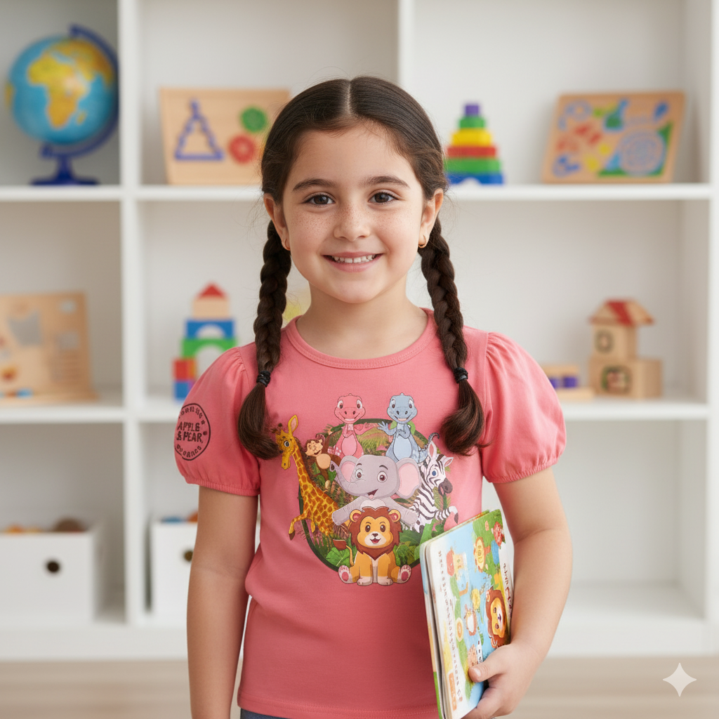 Apple and Pear Puff Sleeve Girls T-Shirt - Coral Red