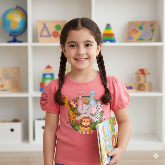 Apple and Pear Puff Sleeve Girls T-Shirt - Coral Red