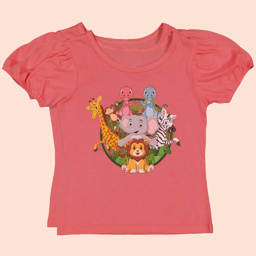 Apple and Pear Puff Sleeve Girls T-Shirt - Coral Red